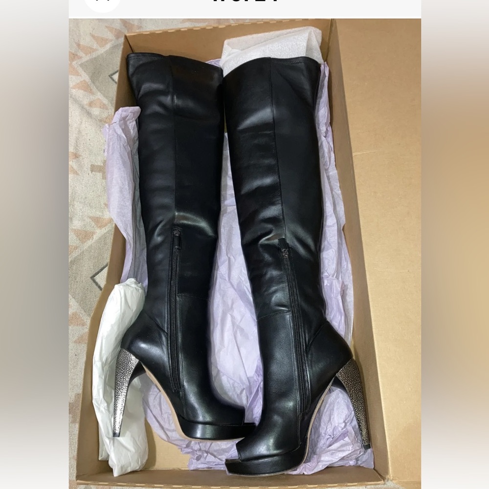 Herve Leger Thigh High Platform Heel Siren Boots Women’s 10 Black Leather New - Picture 12 of 13